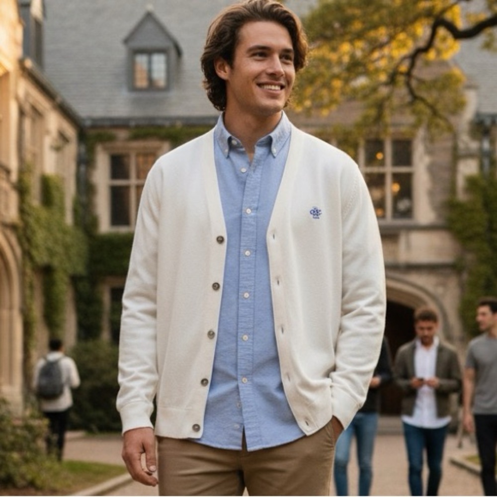 Vintage IZOD Club White Cardigan Sweater XL Preppy Crest Logo 70s 80s‎ USA Orlon